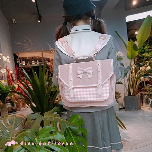 Pink Gingham Bow Satchel Backpack with Heart Accents – Kawaii Style - Picture 3 of 5